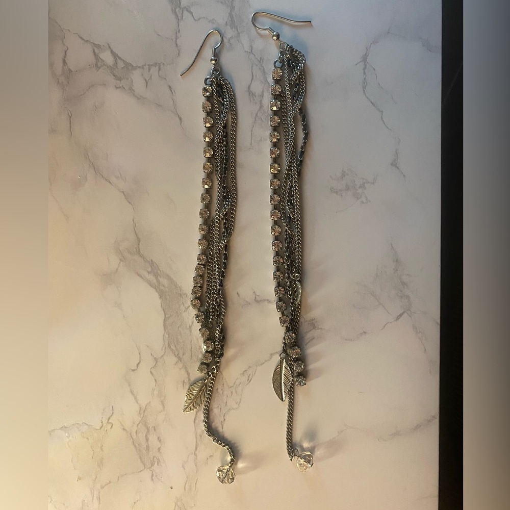 7” Dangle Earrings with rhinestone chain feather details
